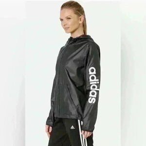 NEW adidas Women's Essentials Linear Windbreaker Black w/ White Logo Size Small